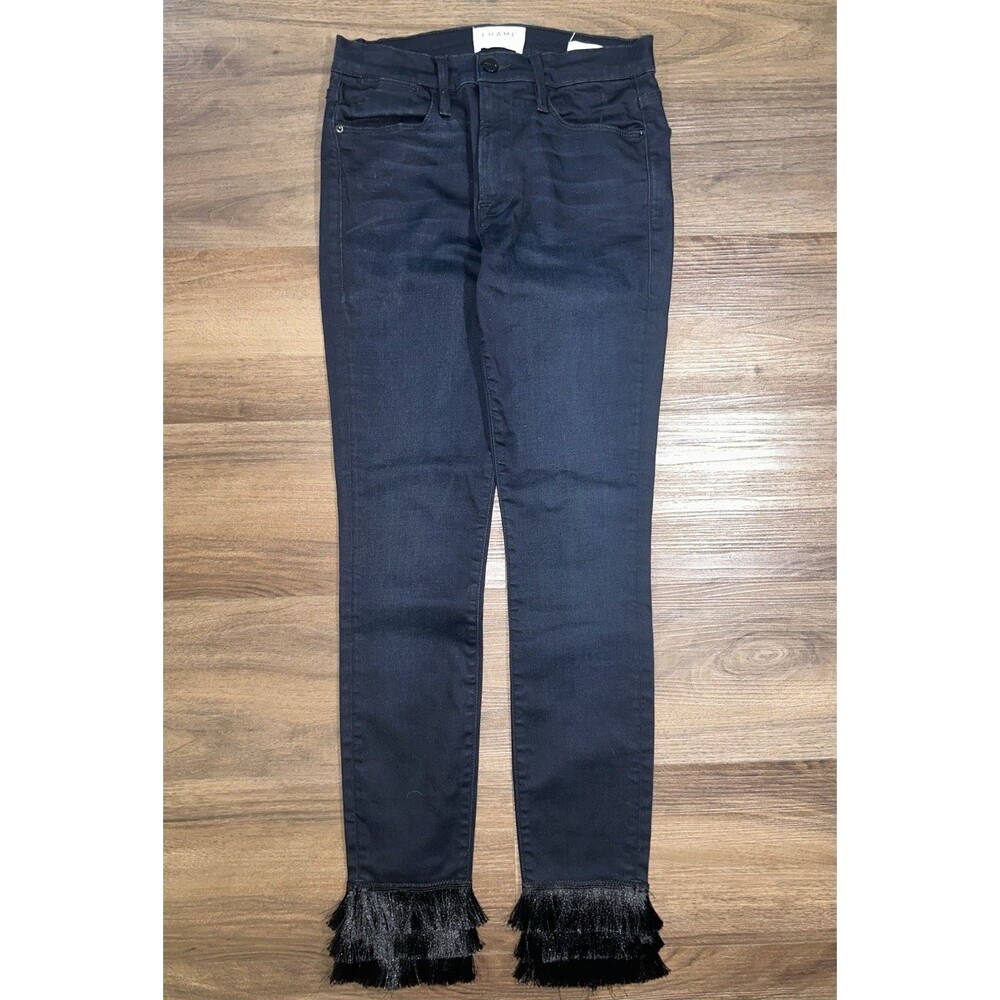 FRAME Denim High Rise Le High Skinny Triple Ankle Fringe Jeans Midnight Blue 27